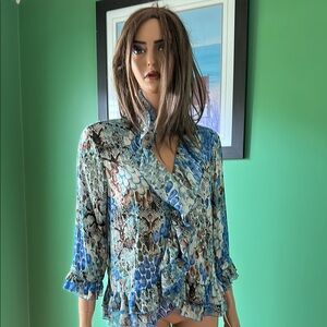 🤎🤎Vintage Agora Blue/Tan Ruffled Bib Collar Blouse🤎🤎